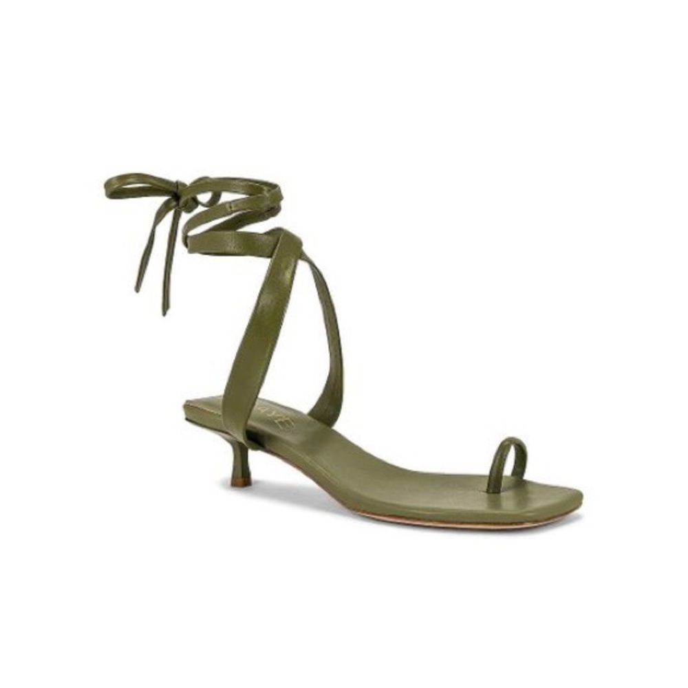 RAYE Moss Green ankle wraparound kitten heel sandals. Size 7.5